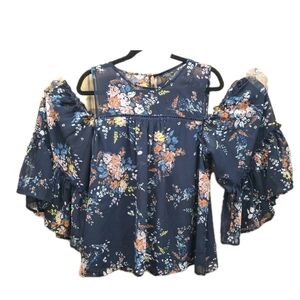 Lucky Brand Women's Floral Cold Shoulder Bell Sleeve Flowy Top Sz Large EUC